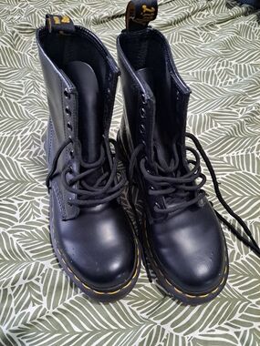 Dr. Martens Black Leather Lace-Up Combat Boots with Yellow Stitching